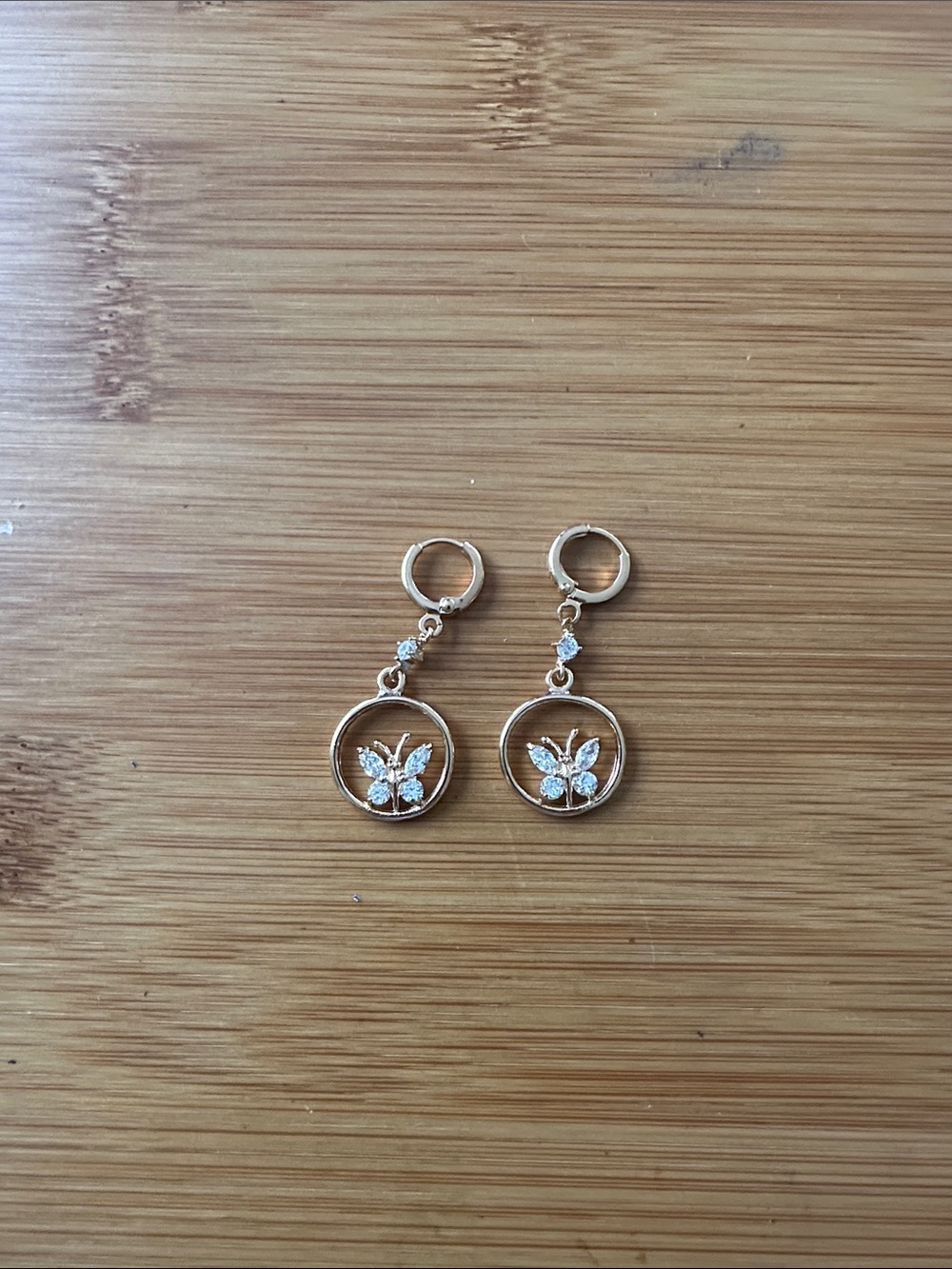 Gold Butterfly Hoop Drop Earrings with Cubic Zirconia